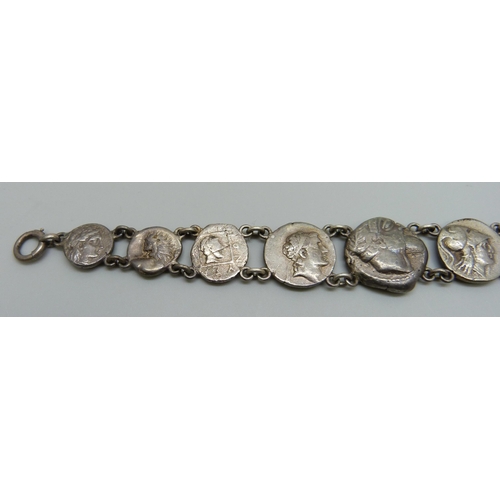 7145 - A coin bracelet including Roman, 37g, 17.5cm