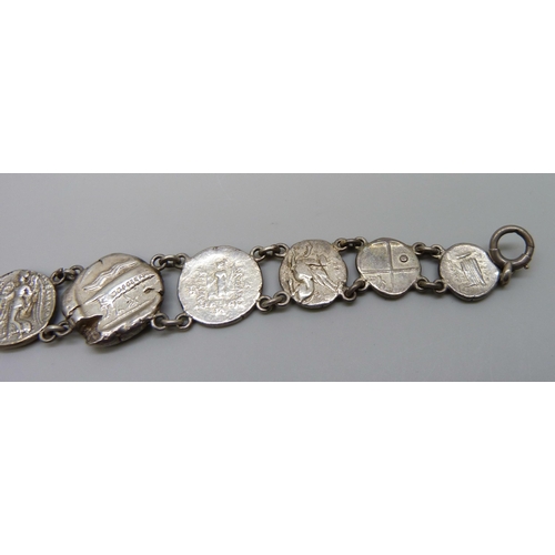 7145 - A coin bracelet including Roman, 37g, 17.5cm