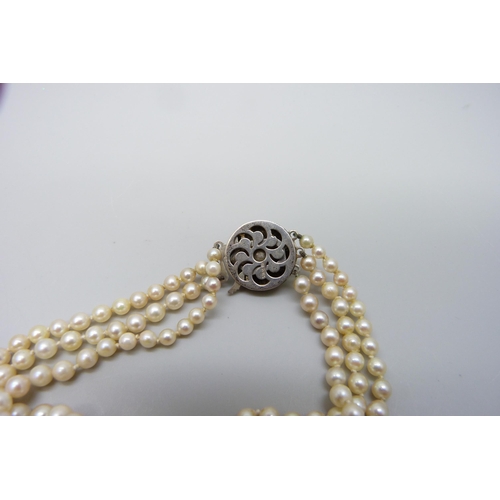 7150 - A three string pearl necklace with a silver clasp, 55g