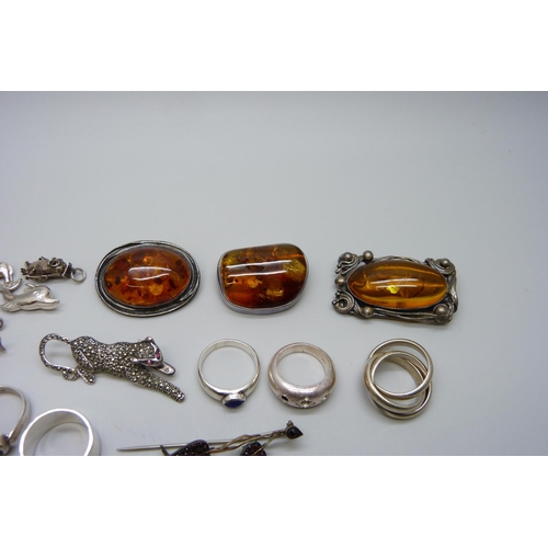 7154 - A collection of silver and white metal jewellery including amber set, 73g marked as silver