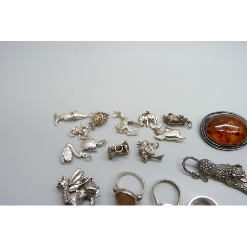 7154 - A collection of silver and white metal jewellery including amber set, 73g marked as silver