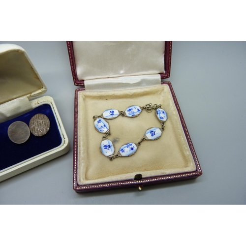 7174 - A pair of textured silver cufflinks, 17.7g, and a Delft silver bracelet