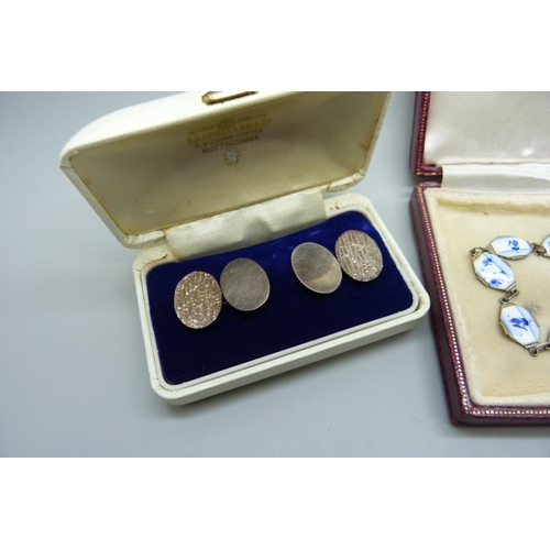 7174 - A pair of textured silver cufflinks, 17.7g, and a Delft silver bracelet