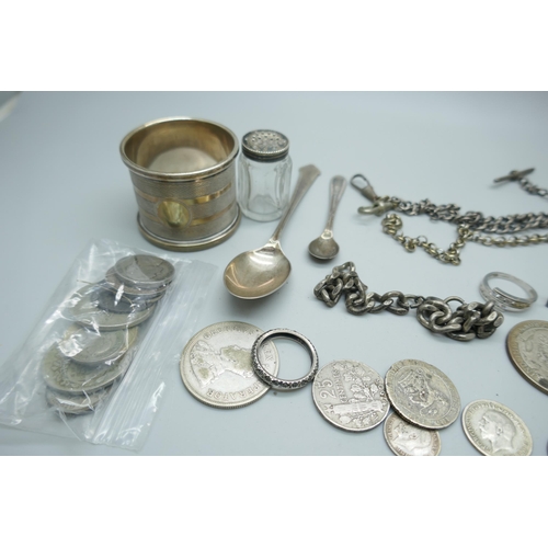 7197 - A silver napkin ring, silver coins, a hallmarked silver Teddy bear charm, etc., 90g of hallmarked si... 