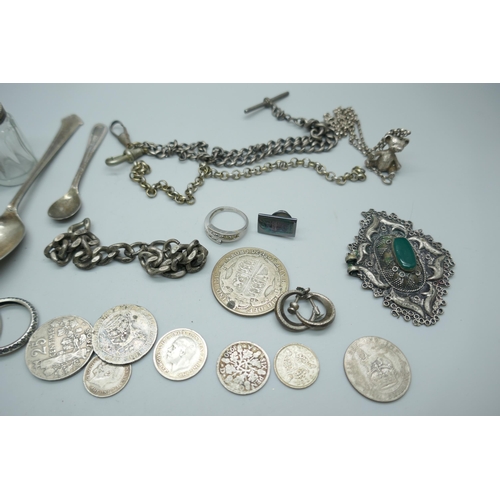 7197 - A silver napkin ring, silver coins, a hallmarked silver Teddy bear charm, etc., 90g of hallmarked si... 