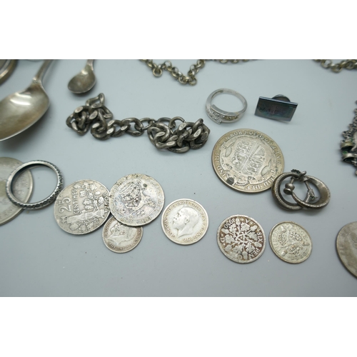 7197 - A silver napkin ring, silver coins, a hallmarked silver Teddy bear charm, etc., 90g of hallmarked si... 