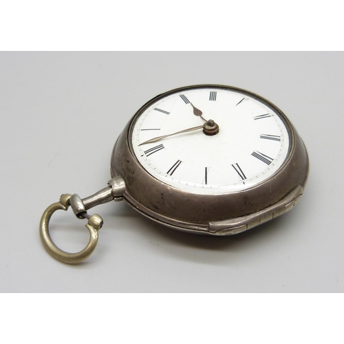 7258 - A silver pair cased pocket watch, Eastland, London, both cases hallmarked London 1792, a/f, lacking ... 