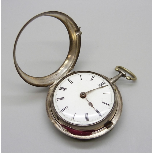 7258 - A silver pair cased pocket watch, Eastland, London, both cases hallmarked London 1792, a/f, lacking ... 