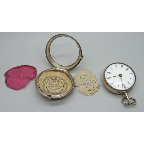 7258 - A silver pair cased pocket watch, Eastland, London, both cases hallmarked London 1792, a/f, lacking ... 