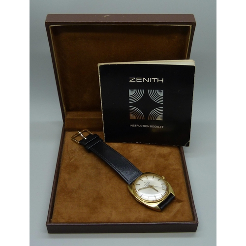 7269 - An 18ct gold Zenith automatic 28800 wristwatch, with original box and papers, case back bears inscri... 