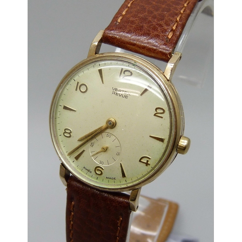 7278 - A 9ct gold cased Vertex Revue wristwatch, the case back bears inscription dated 1967, 31mm case