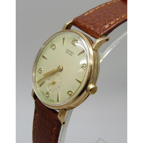 7278 - A 9ct gold cased Vertex Revue wristwatch, the case back bears inscription dated 1967, 31mm case