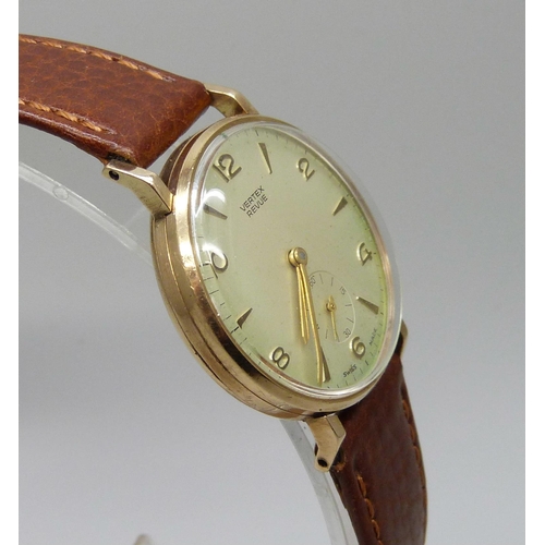 7278 - A 9ct gold cased Vertex Revue wristwatch, the case back bears inscription dated 1967, 31mm case