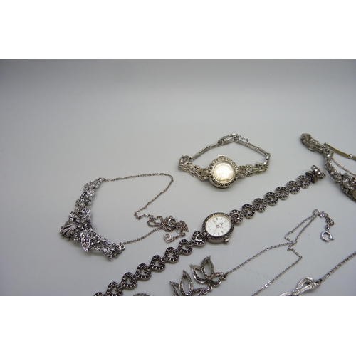 7289 - Three marcasite set wristwatches and three necklaces