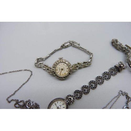 7289 - Three marcasite set wristwatches and three necklaces