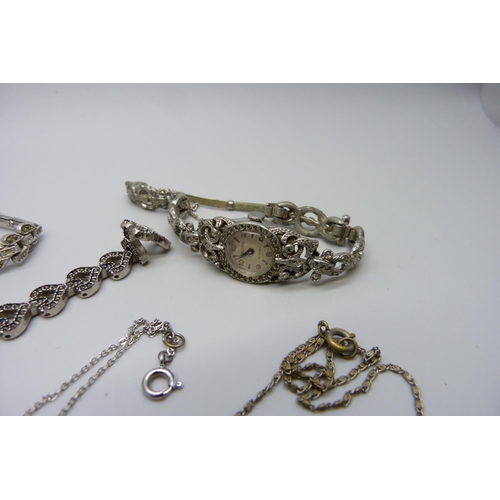 7289 - Three marcasite set wristwatches and three necklaces