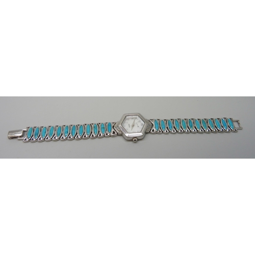 7294 - A lady's silver wristwatch with turquoise set bracelet and mother of pearl dial