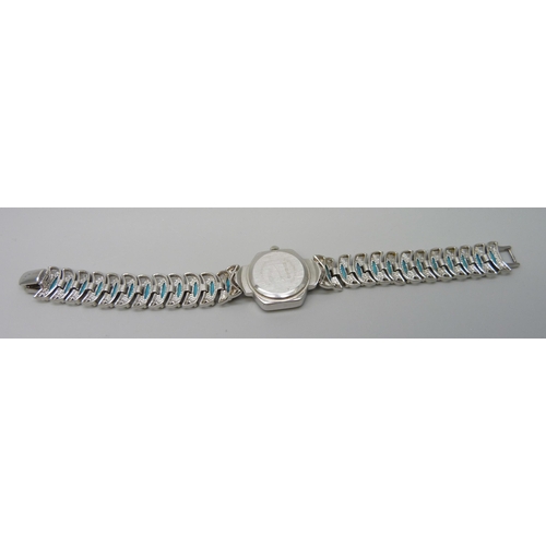 7294 - A lady's silver wristwatch with turquoise set bracelet and mother of pearl dial