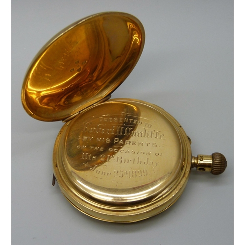 7296 - An 18ct gold cased pocket watch, the case hallmarked Chester 1896, the inner case bears inscription ... 