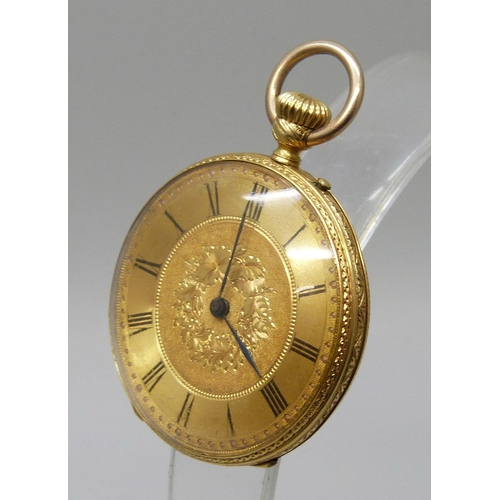 7297 - An 18ct gold fob watch, the inner case with enamelled lettering, total weight 28.3g, 34mm case