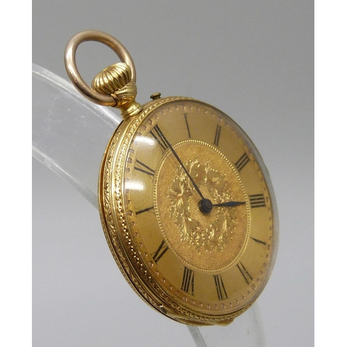 7297 - An 18ct gold fob watch, the inner case with enamelled lettering, total weight 28.3g, 34mm case