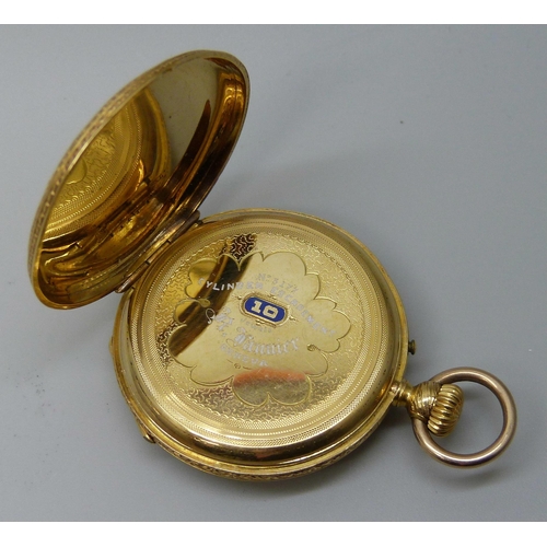 7297 - An 18ct gold fob watch, the inner case with enamelled lettering, total weight 28.3g, 34mm case