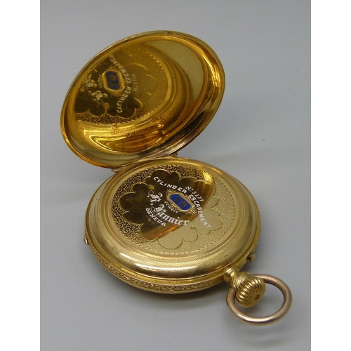 7297 - An 18ct gold fob watch, the inner case with enamelled lettering, total weight 28.3g, 34mm case