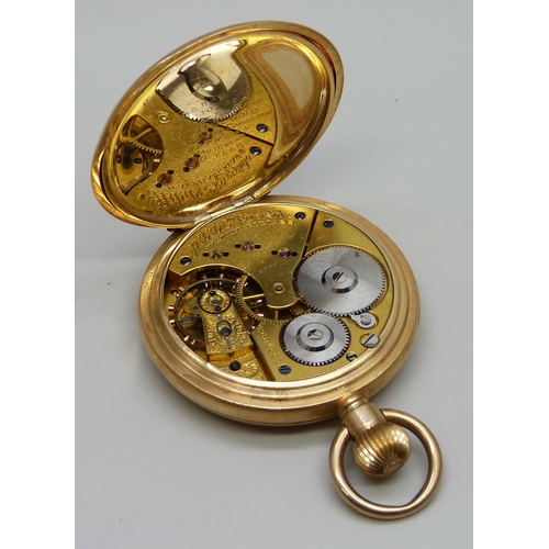 7300 - A gold plated open face Waltham Riverside pocket watch, inner case bears inscription dated 1911