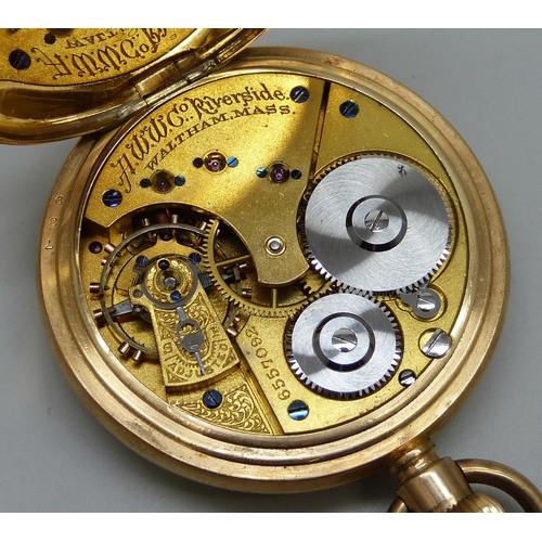 7300 - A gold plated open face Waltham Riverside pocket watch, inner case bears inscription dated 1911