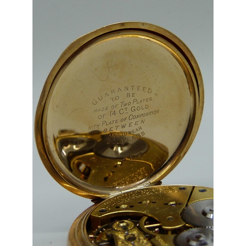 7300 - A gold plated open face Waltham Riverside pocket watch, inner case bears inscription dated 1911