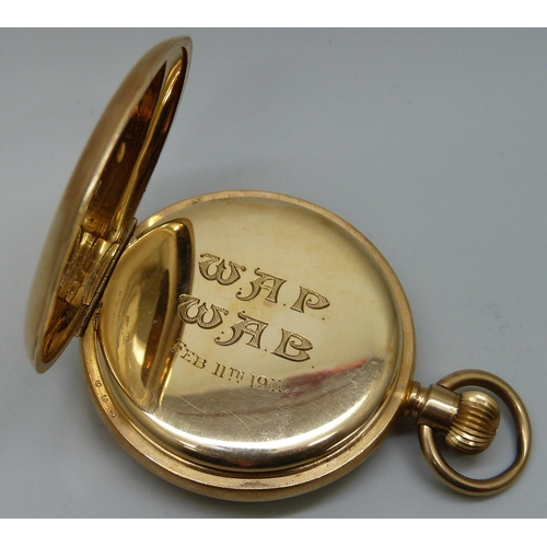 7300 - A gold plated open face Waltham Riverside pocket watch, inner case bears inscription dated 1911