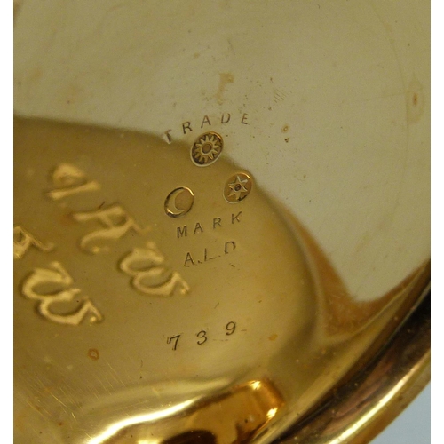 7300 - A gold plated open face Waltham Riverside pocket watch, inner case bears inscription dated 1911