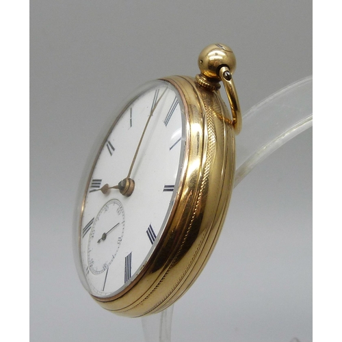 7301 - An 18ct gold cased open face pocket watch, the case hallmarked London 1867, total weight 106.5g, 47m... 