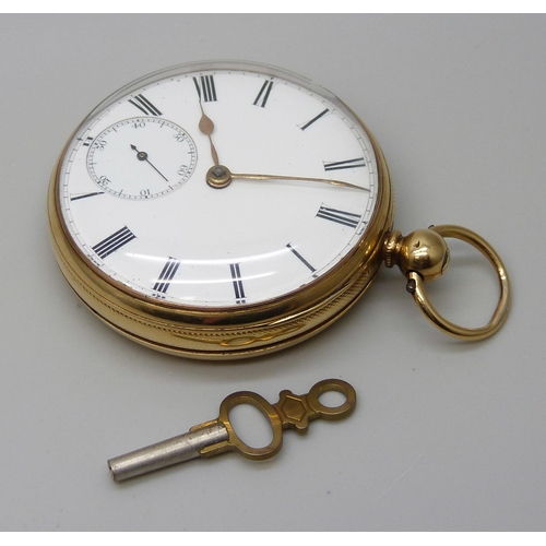 7301 - An 18ct gold cased open face pocket watch, the case hallmarked London 1867, total weight 106.5g, 47m... 