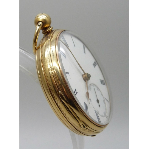 7301 - An 18ct gold cased open face pocket watch, the case hallmarked London 1867, total weight 106.5g, 47m... 