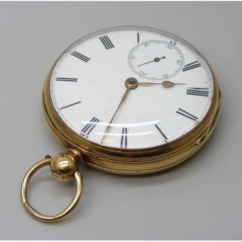 7301 - An 18ct gold cased open face pocket watch, the case hallmarked London 1867, total weight 106.5g, 47m... 