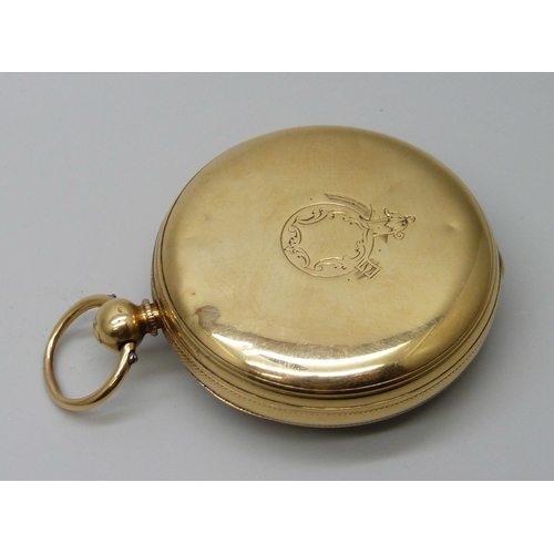 7301 - An 18ct gold cased open face pocket watch, the case hallmarked London 1867, total weight 106.5g, 47m... 