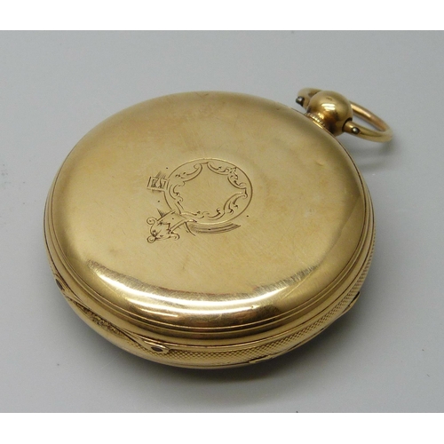 7301 - An 18ct gold cased open face pocket watch, the case hallmarked London 1867, total weight 106.5g, 47m... 