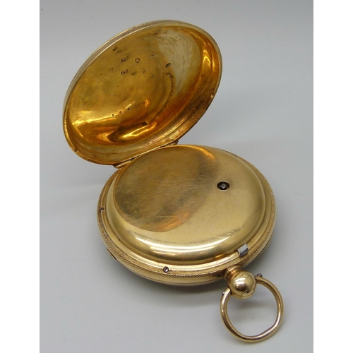 7301 - An 18ct gold cased open face pocket watch, the case hallmarked London 1867, total weight 106.5g, 47m... 