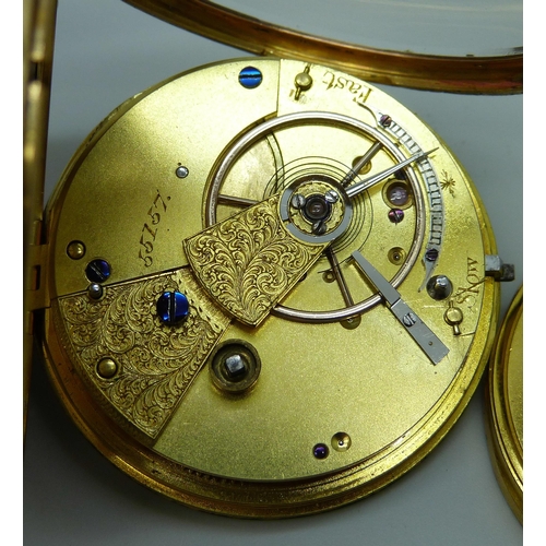 7301 - An 18ct gold cased open face pocket watch, the case hallmarked London 1867, total weight 106.5g, 47m... 