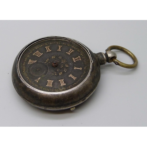 7306 - A silver cased pocket watch with silver dial and gold applied numerals, inner case marked Birmingham... 