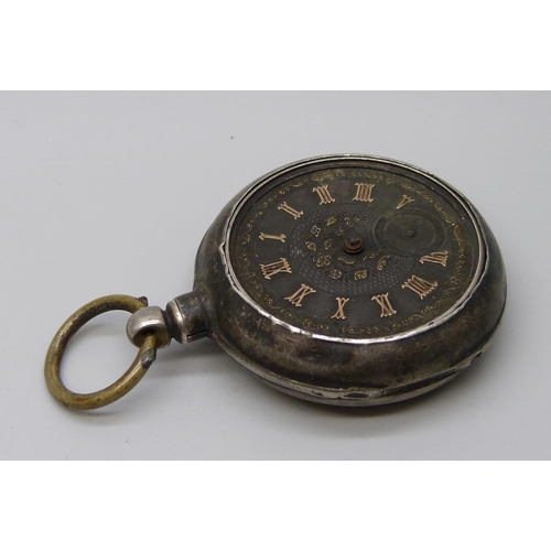 7306 - A silver cased pocket watch with silver dial and gold applied numerals, inner case marked Birmingham... 