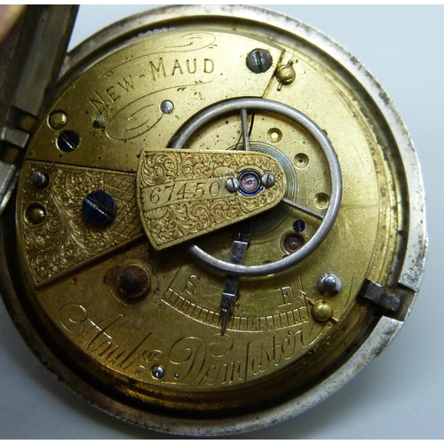 7306 - A silver cased pocket watch with silver dial and gold applied numerals, inner case marked Birmingham... 