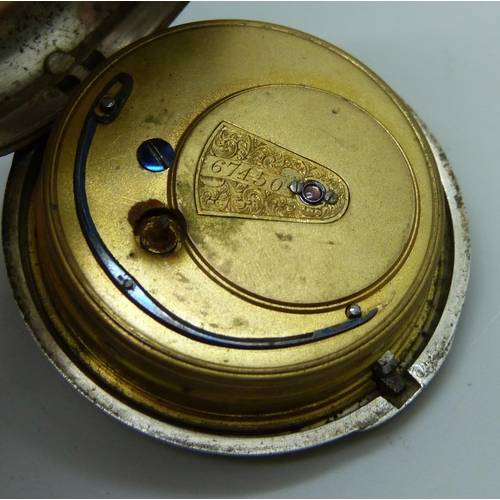 7306 - A silver cased pocket watch with silver dial and gold applied numerals, inner case marked Birmingham... 