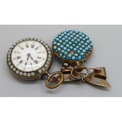 7307 - Two fob watches, one on a silver bow brooch set with turquoise, and an enamelled example with Fleur-... 