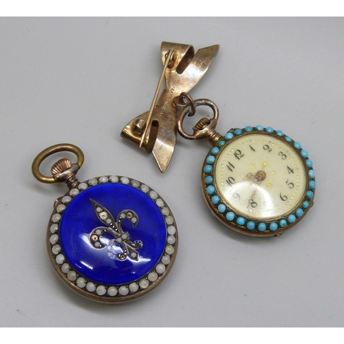 7307 - Two fob watches, one on a silver bow brooch set with turquoise, and an enamelled example with Fleur-... 