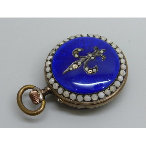 7307 - Two fob watches, one on a silver bow brooch set with turquoise, and an enamelled example with Fleur-... 