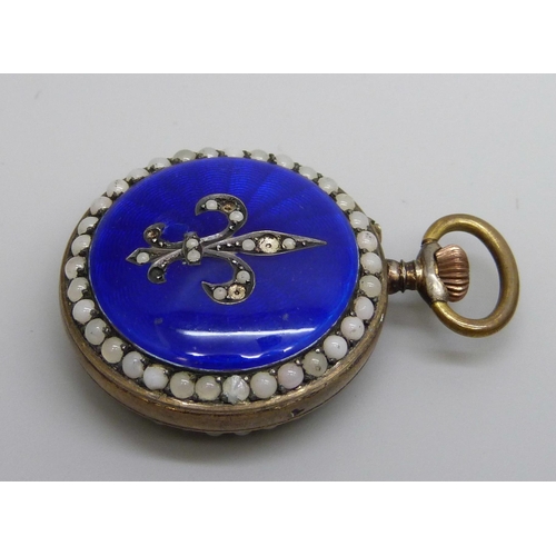 7307 - Two fob watches, one on a silver bow brooch set with turquoise, and an enamelled example with Fleur-... 