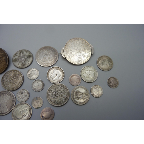 7334 - Coins; a Queen Anne crown and a George IV crown, both with pin mounts, other pre 1920 silver coins i... 