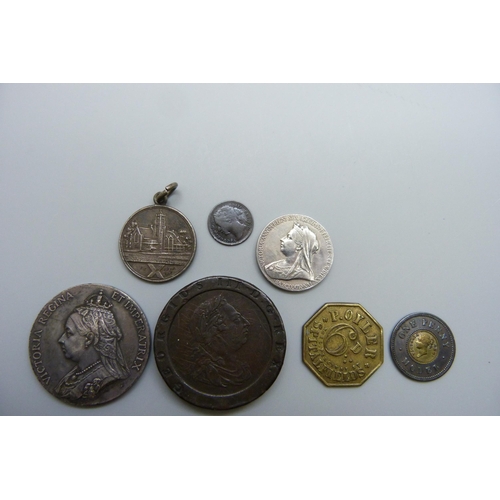 7335 - A George III cartwheel two penny coin, a silver medallion, two Queen Victoria medallions, a Victoria... 